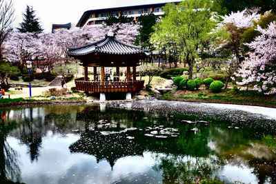 Reflection of building in pond