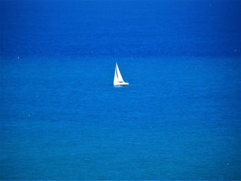 Sailboat sailing in sea against blue sky