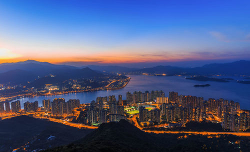 High angle view of hong kong cityscape at night