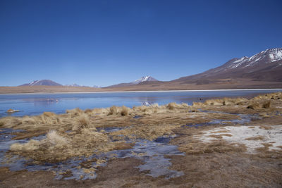 Scenic view of lake against clear blue sky