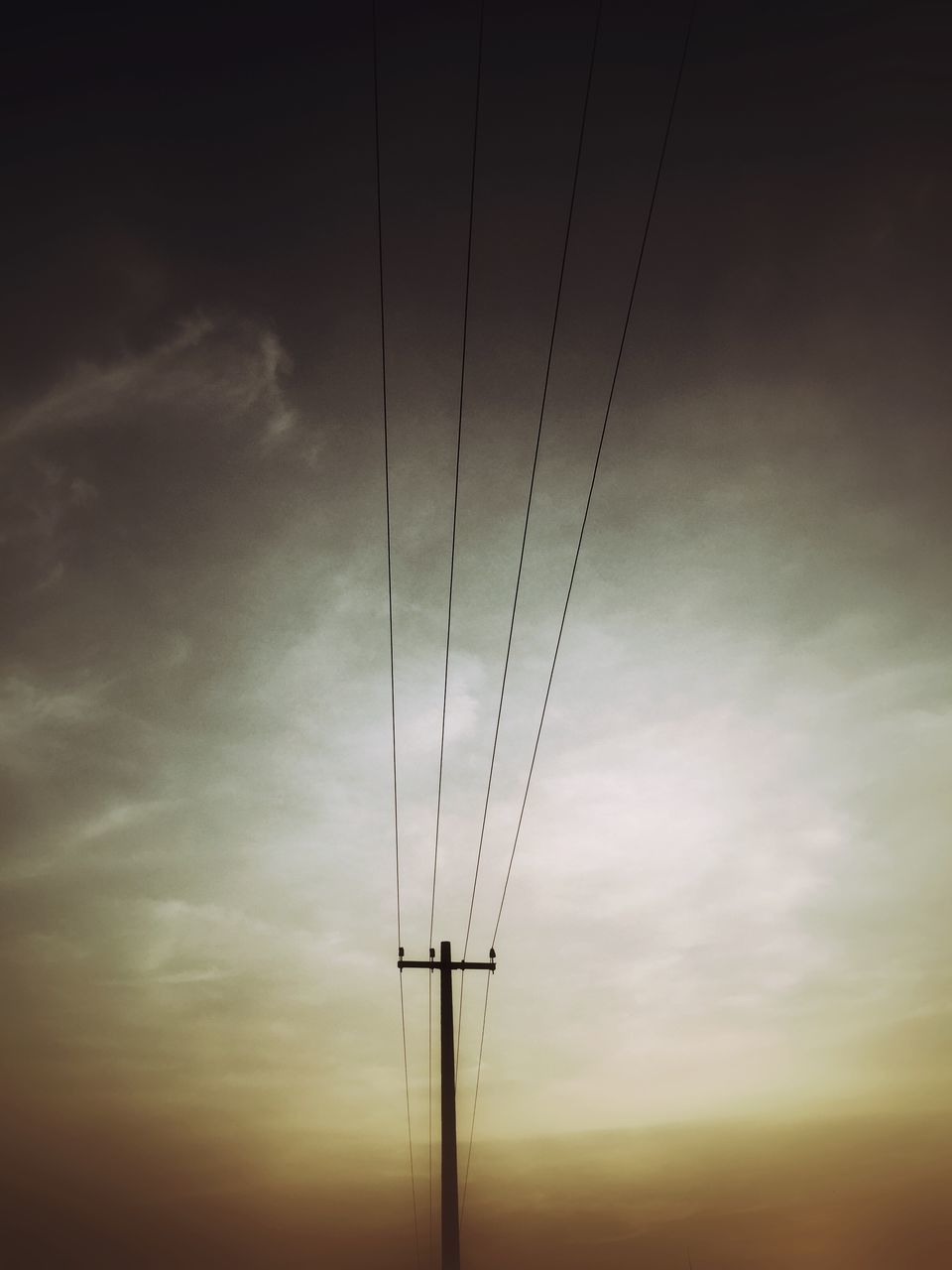 low angle view, sky, silhouette, sunset, power line, fuel and power generation, connection, electricity pylon, electricity, technology, power supply, cloud - sky, cable, dusk, tranquility, nature, cloudy, cloud, scenics, outdoors