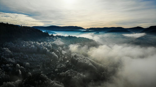 High angle view of mountain range against sky