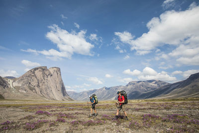 Two backpackers hiking through alpine meadow, akshayak pass