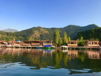 Scenic view of lake against clear blue sky