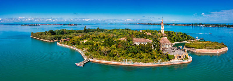 Aerial view of the plagued ghost island of poveglia in venice