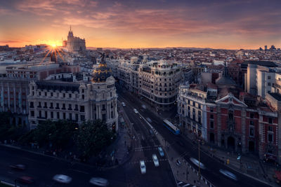 High angle view of buildings in city against cloudy sky 