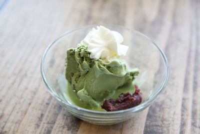 Close-up of ice cream in bowl on table