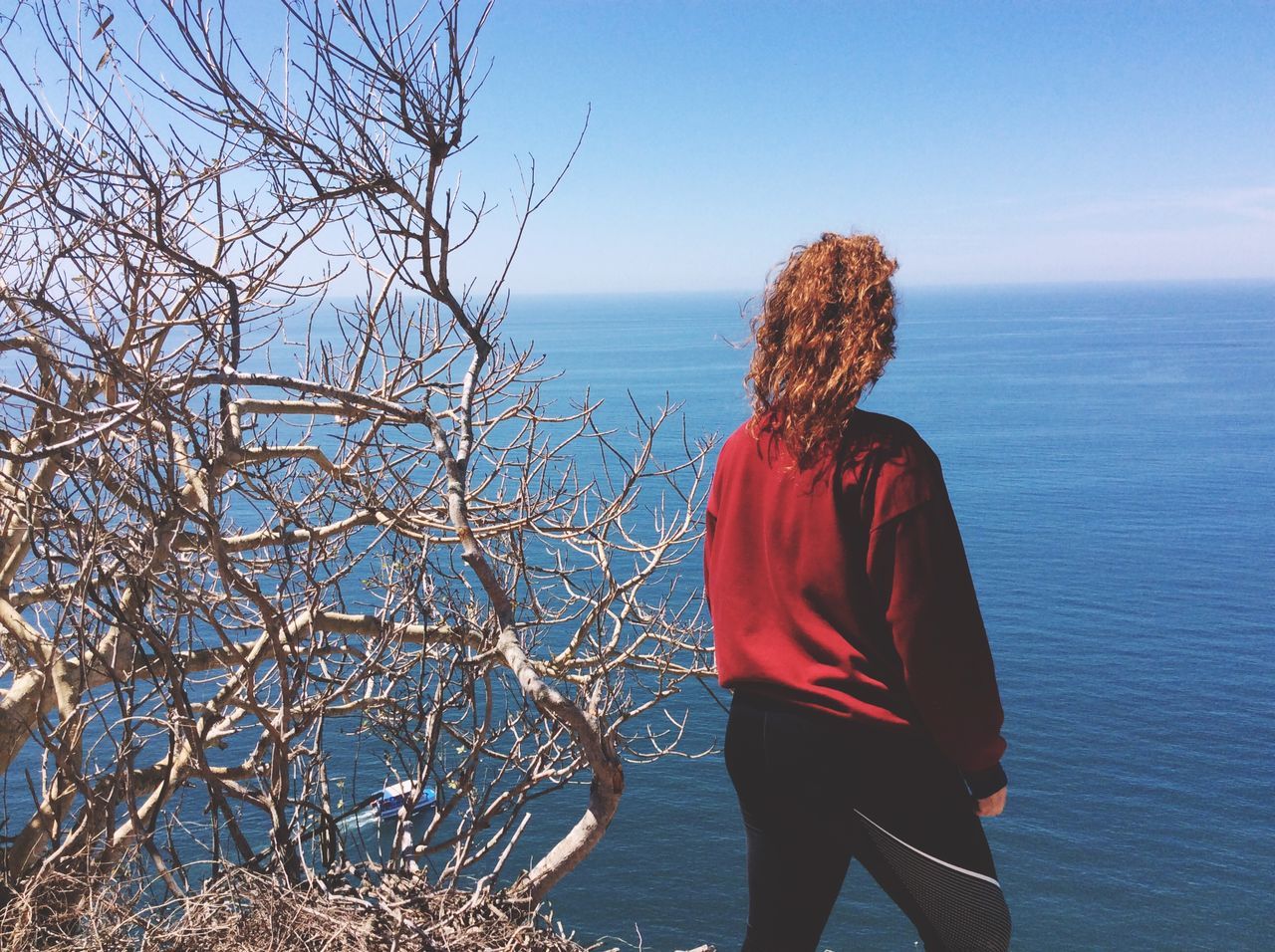 sea, nature, horizon over water, real people, rear view, standing, one person, scenics, lifestyles, tranquil scene, beauty in nature, leisure activity, water, tranquility, bare tree, day, outdoors, clear sky, sky, blue, women, young women, tree, young adult, people