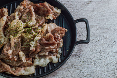 High angle view of meal served on table