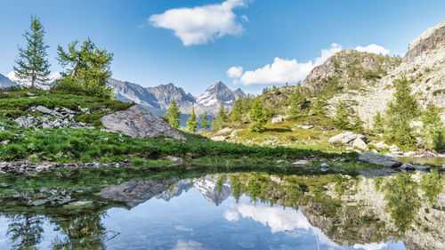 Scenic view of lake and mountains against sky