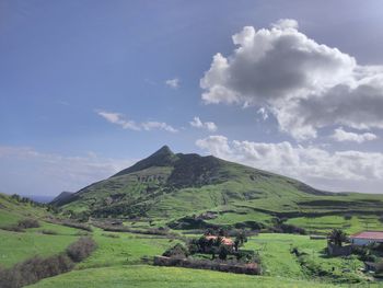 Low angle view of green landscape against sky