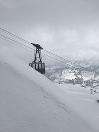 Electricity pylon on snow covered mountain against sky