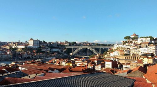 High angle view of houses in town against clear sky