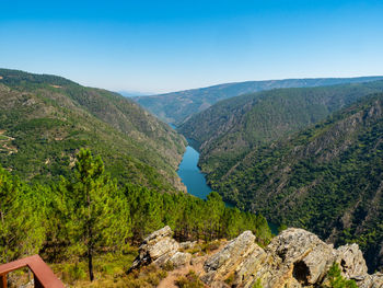 Scenic view of mountains against clear blue sky