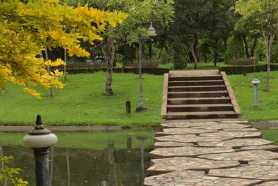 Scenic view of park by lake