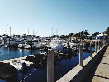 Boats moored at harbor against clear blue sky