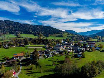 Panoramic view of landscape and buildings against sky