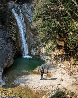 Rear view of man standing by waterfall at forest