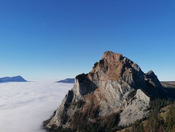 Scenic view of rocky mountains against clear blue sky