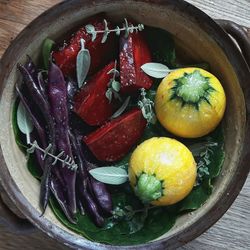 High angle view of fruits in bowl on table