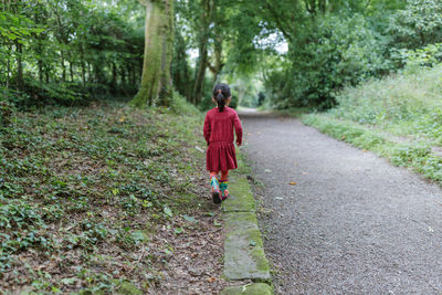 Rear view of woman walking on footpath in forest
