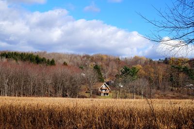 Scenic view of grassy field against cloudy sky