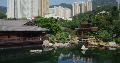 Reflection of buildings and trees in lake