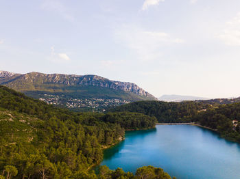 Scenic view of river amidst mountains against sky