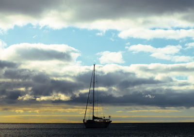 Sailboat sailing in sea against sky
