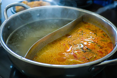 High angle view of soup in bowl on table