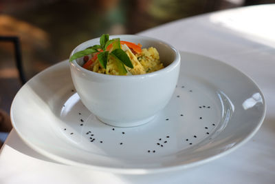 High angle view of food served on table