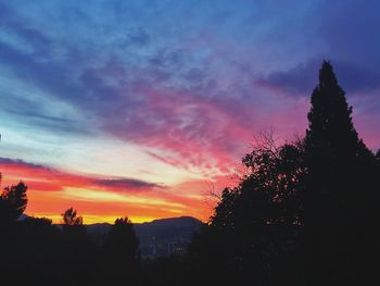 Low angle view of silhouette trees against dramatic sky