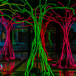 Close-up of multi colored light trails at night