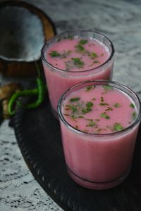 High angle view of fruits in glass on table