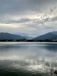 Scenic view of lake against sky at dusk