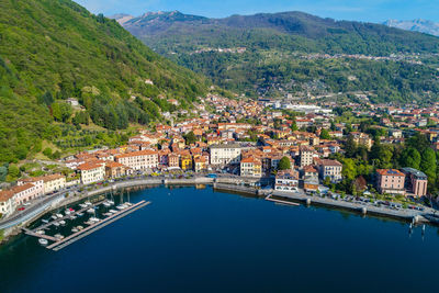 High angle view of river amidst buildings in town