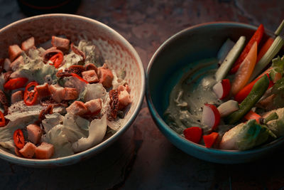 High angle view of food in bowl on table