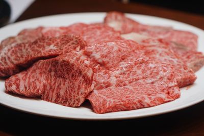 Close-up of raw beef in plate on table