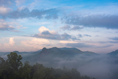 Scenic view of mountains against sky during sunset