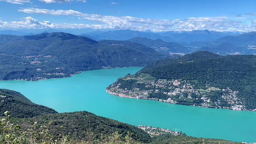High angle view of lake against blue sky