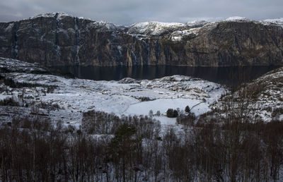Scenic view of fjord and snowcapped mountains against sky