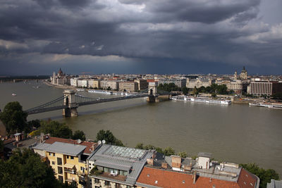 High angle view of river by buildings in city against sky