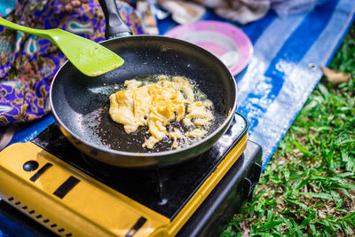 High angle view of food in cooking pan