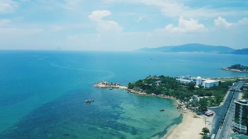 High angle view of bay against sky