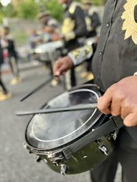 Close-up of a snare drum of a musician during the guadeloupe carnival