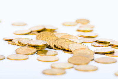 High angle view of coins