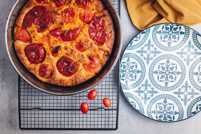 High angle view of pizza on table