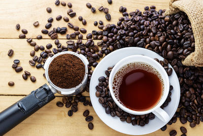 High angle view of coffee cup on table