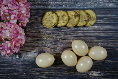 High angle view of eggs on table