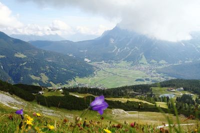 Scenic view of landscape and mountains against sky